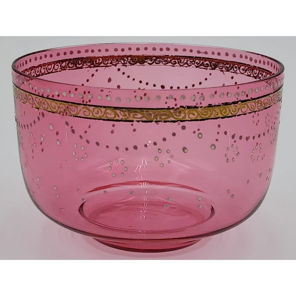 Vintage Cranberry & Gold Art Glass Bowl with Raised Enamel Floral Decorations